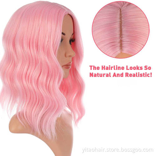 Pastel Wavy Wig Women's Short Bob Light Pink Wig Curly Wavy Shoulder Length Pastel Bob Synthetic Cosplay Wigs for Girl